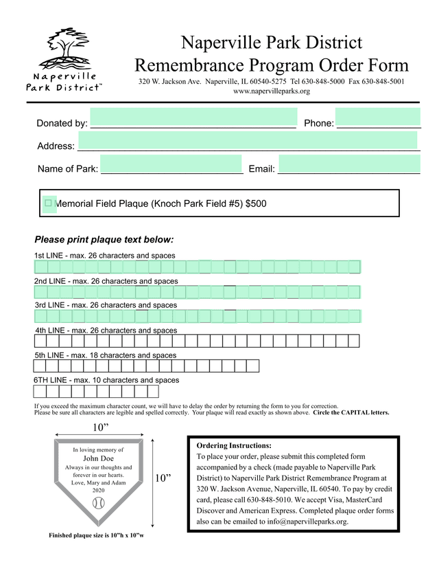 Remembrance Program Order Form screenshot