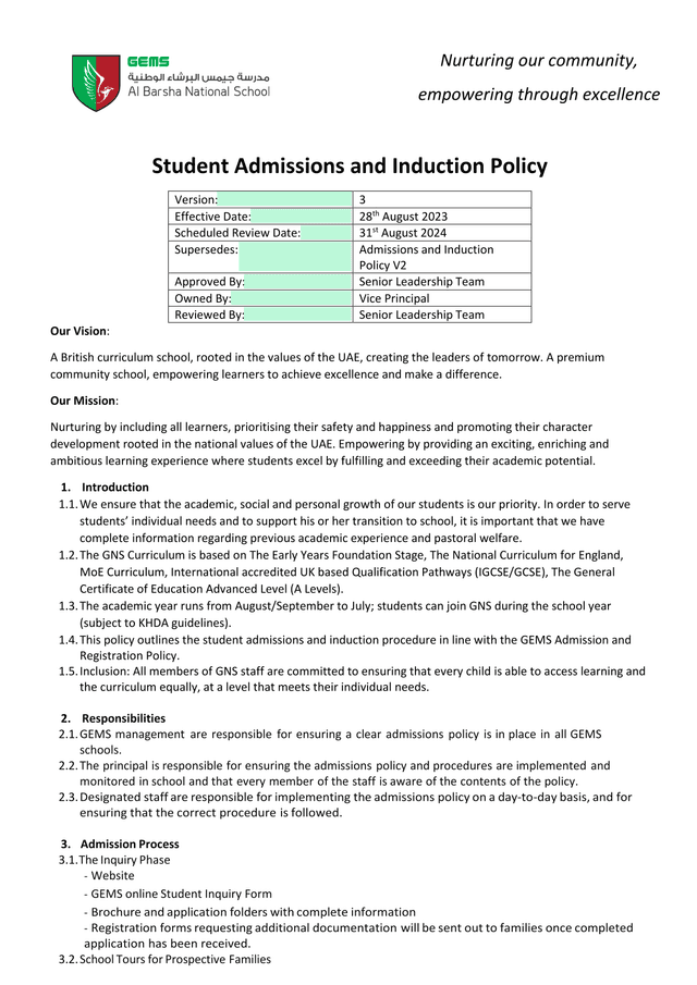 Student Admissions And Induction Policy screenshot