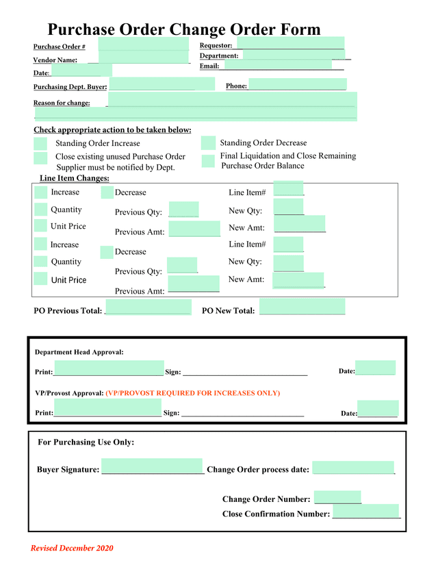 Purchase Order Change Order Form screenshot