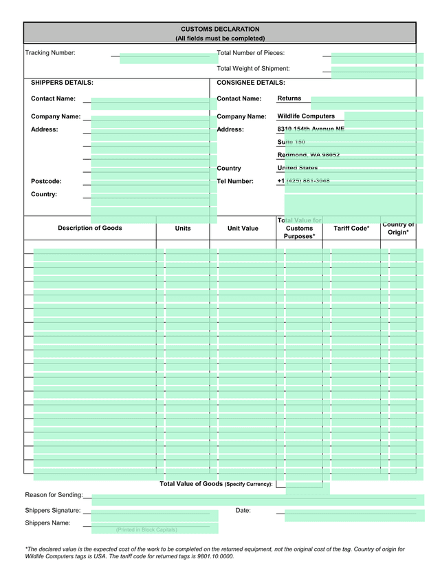 Customs Declaration screenshot