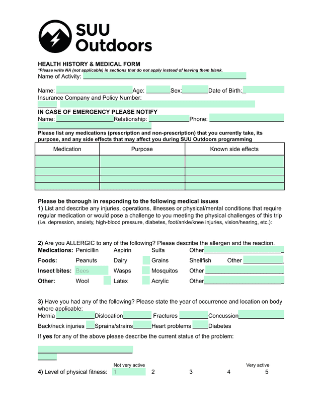 HEALTH HISTORY  MEDICAL FORM screenshot