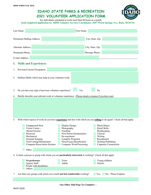 2021 VOLUNTEER APPLICATION FORM screenshot