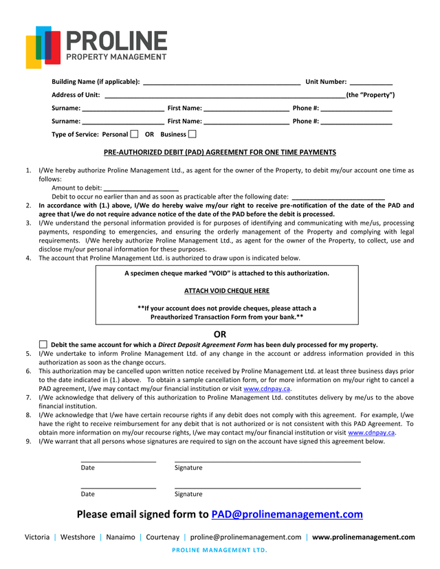PRE AUTHORIZED DEBIT (PAD) AGREEMENT FOR ONE TIME PAYMENTS screenshot