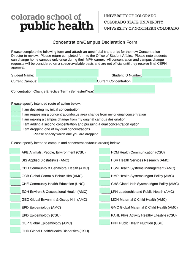 ConcentrationCampus Declaration Form screenshot