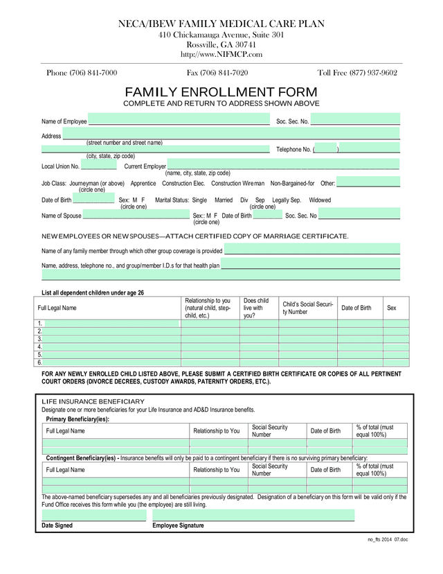 NECAIBEW Family Medical Care Plan Family Enrollment Form screenshot