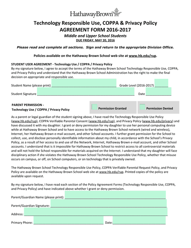 Technology Responsible Use, COPPA  Privacy Policy AGREEMENT FORM 2016 2017 screenshot