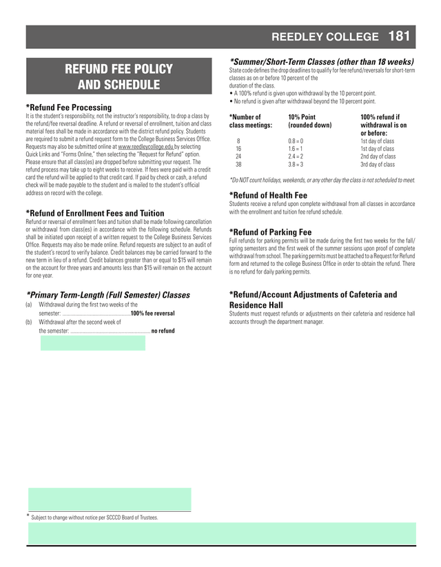 Reedley College Refund Fee Policy And Schedule screenshot
