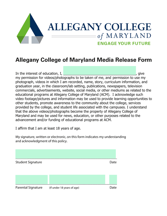 Allegany College Of Maryland Media Release Form screenshot