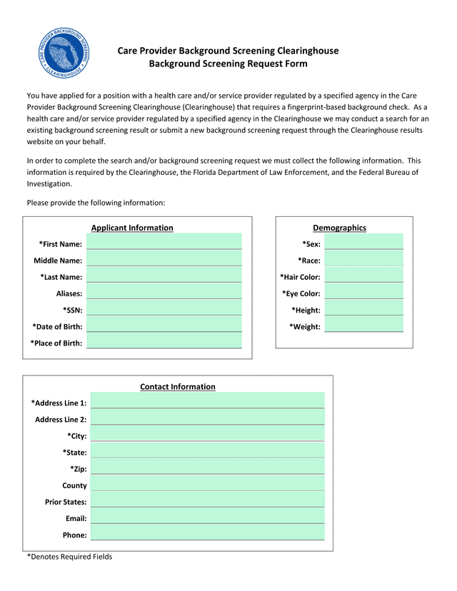 Care Provider Background Screening Clearinghouse Background Screening Request Form screenshot