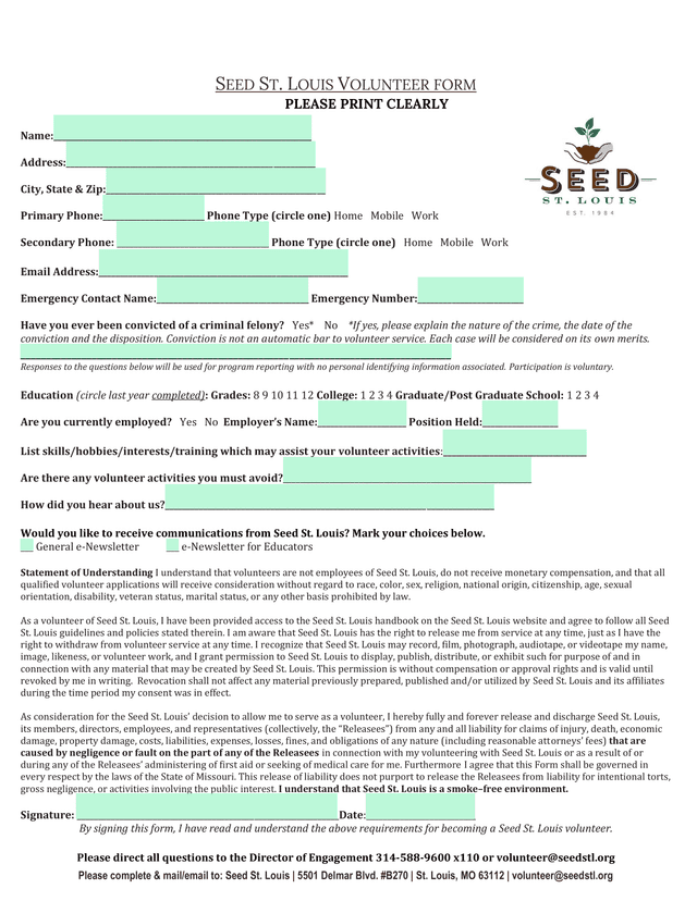 Seed St. Louis Volunteer Form screenshot