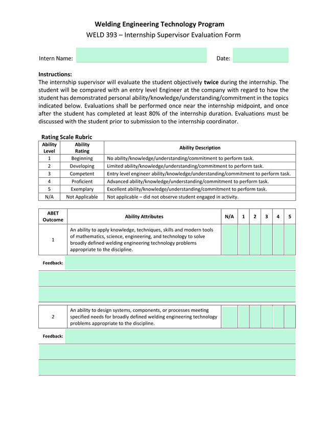 WELD 393  Internship Supervisor Evaluation Form screenshot