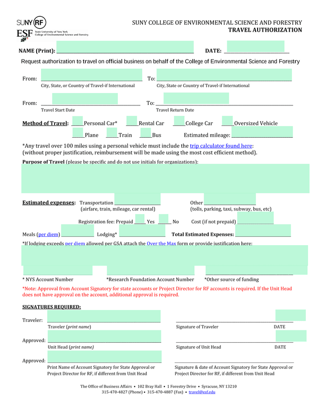 SUNY College Of Environmental Science And Forestry Travel Authorization screenshot