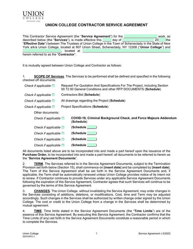 Union College Contractor Service Agreement screenshot