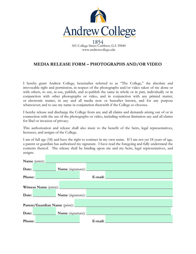 MEDIA RELEASE FORM  PHOTOGRAPHS ANDOR VIDEO screenshot