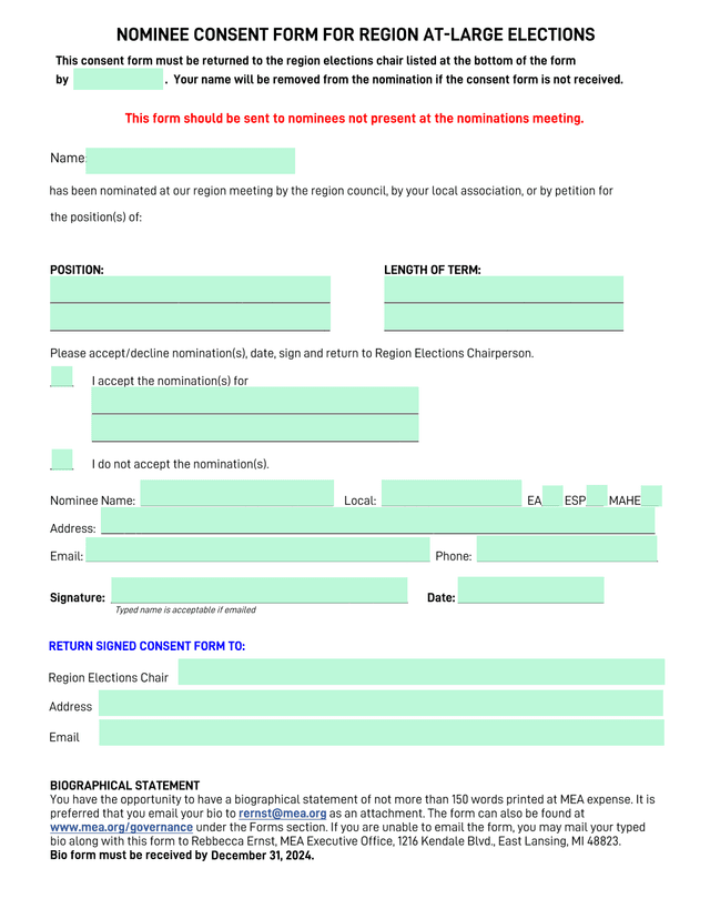 NOMINEE CONSENT FORM FOR REGION AT LARGE ELECTIONS screenshot