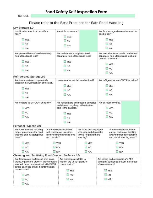 Food Safety Self Inspection Form screenshot