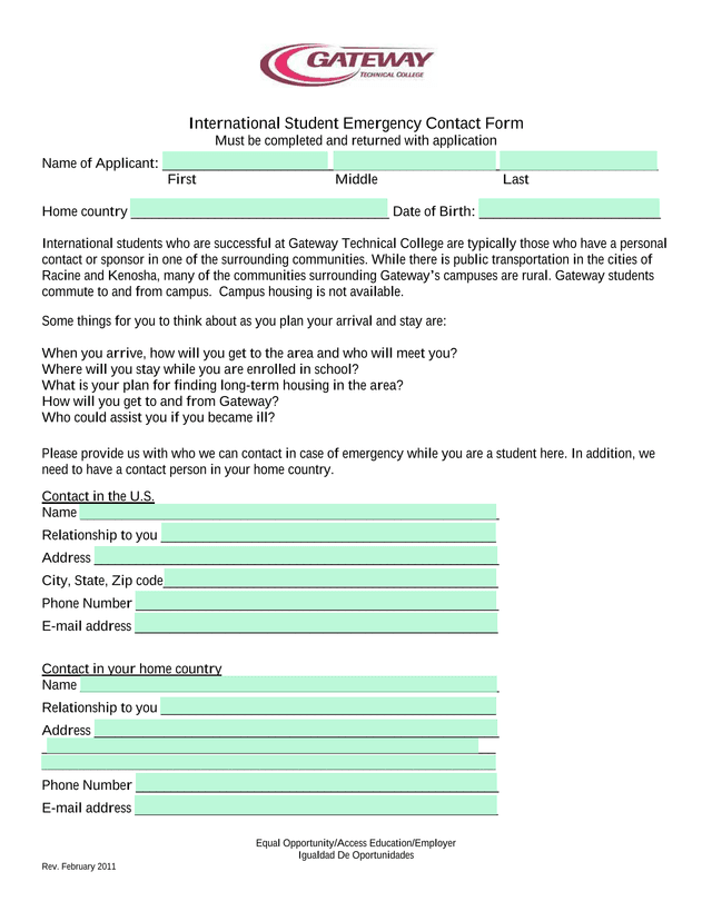 International Student Emergency Contact Form screenshot