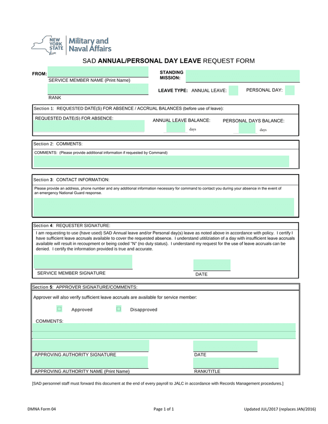 SAD AnnualPersonal Day Leave Request Form screenshot