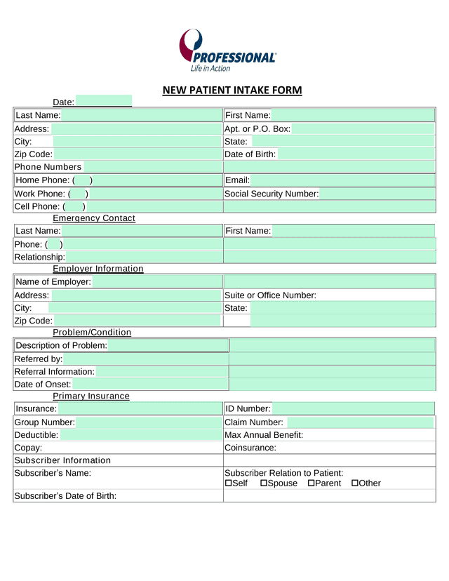 NEW PATIENT INTAKE FORM screenshot