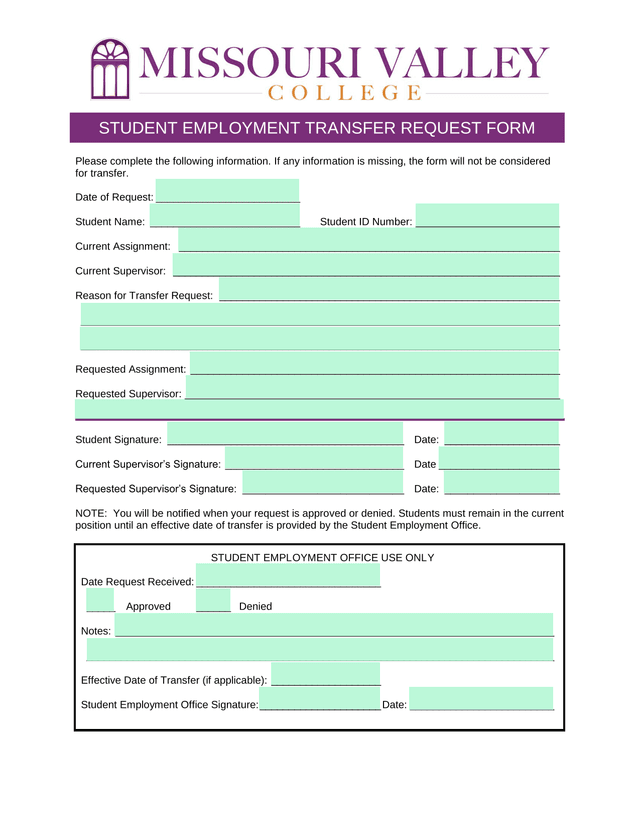 STUDENT EMPLOYMENT TRANSFER REQUEST FORM screenshot