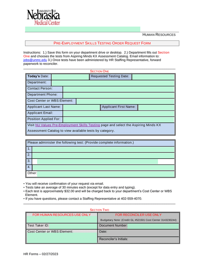 Pre Employment Skills Testing Order Request Form screenshot
