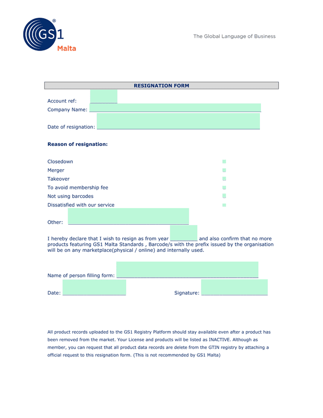RESIGNATION FORM screenshot