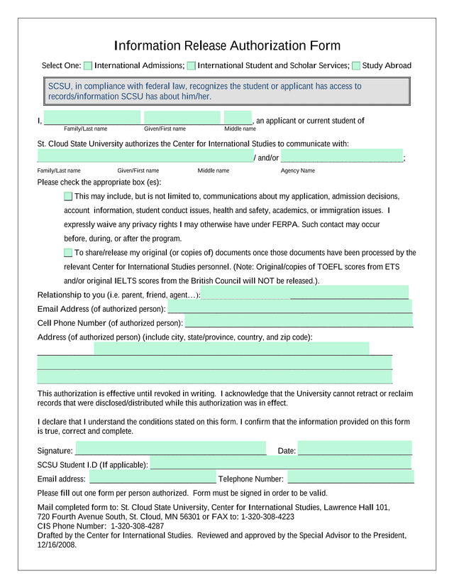 Information Release Authorization Form screenshot
