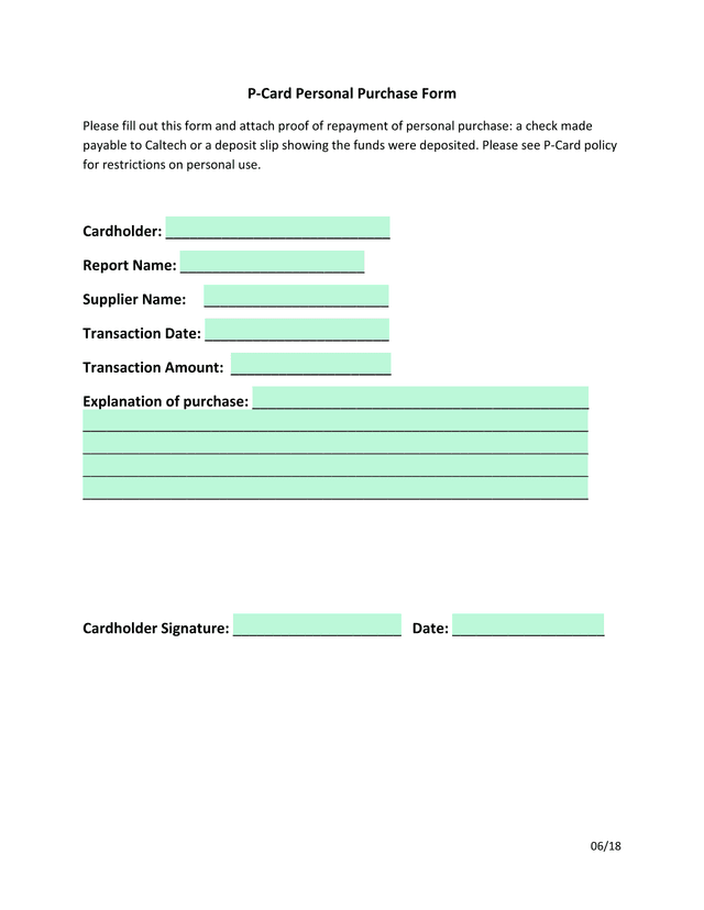 P Card Personal Purchase Form screenshot