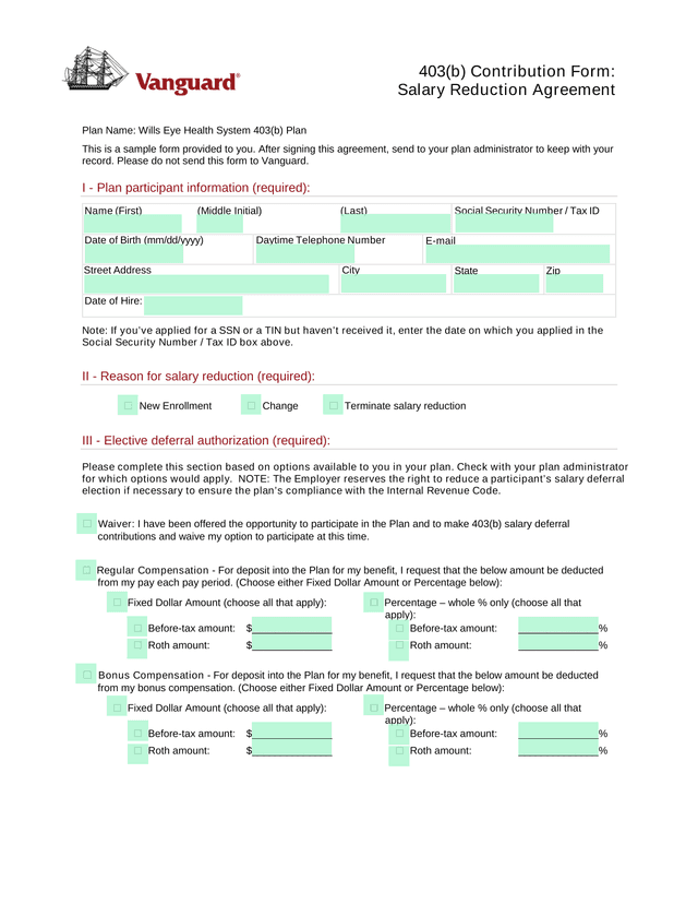 403(B) Contribution Form Salary Reduction Agreement screenshot