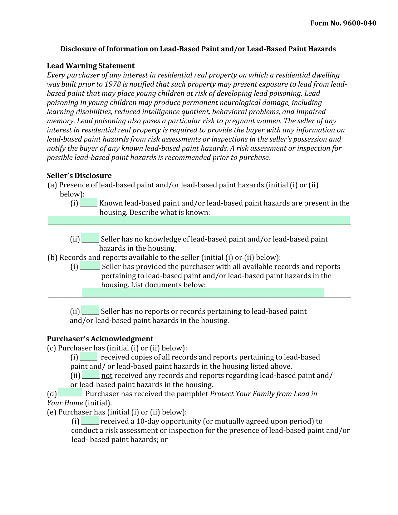 Lead Based Paint Hazards Disclosure (9600 040) screenshot