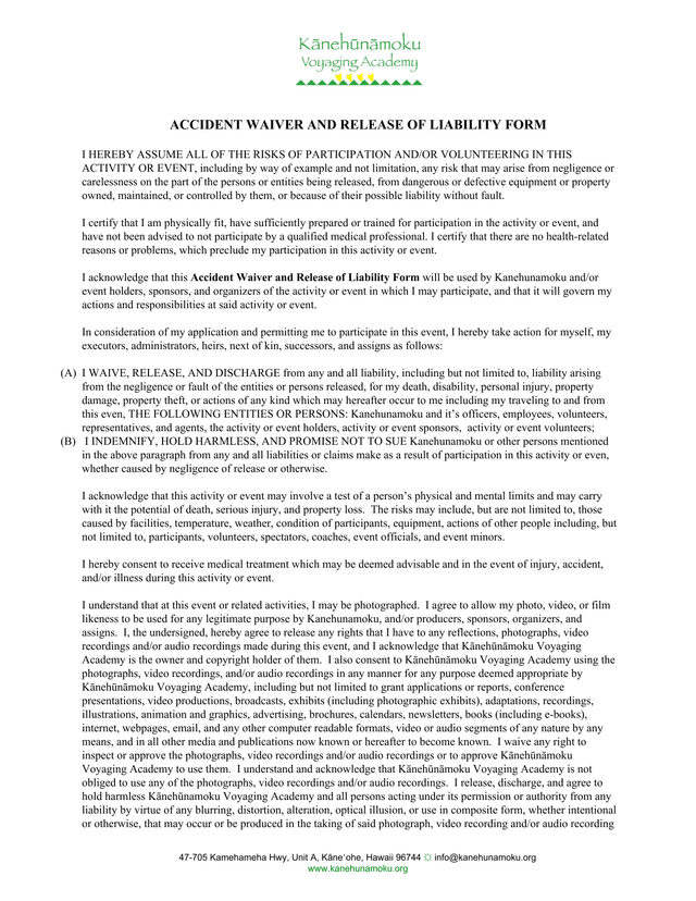 Accident Waiver And Release Of Liability Form screenshot