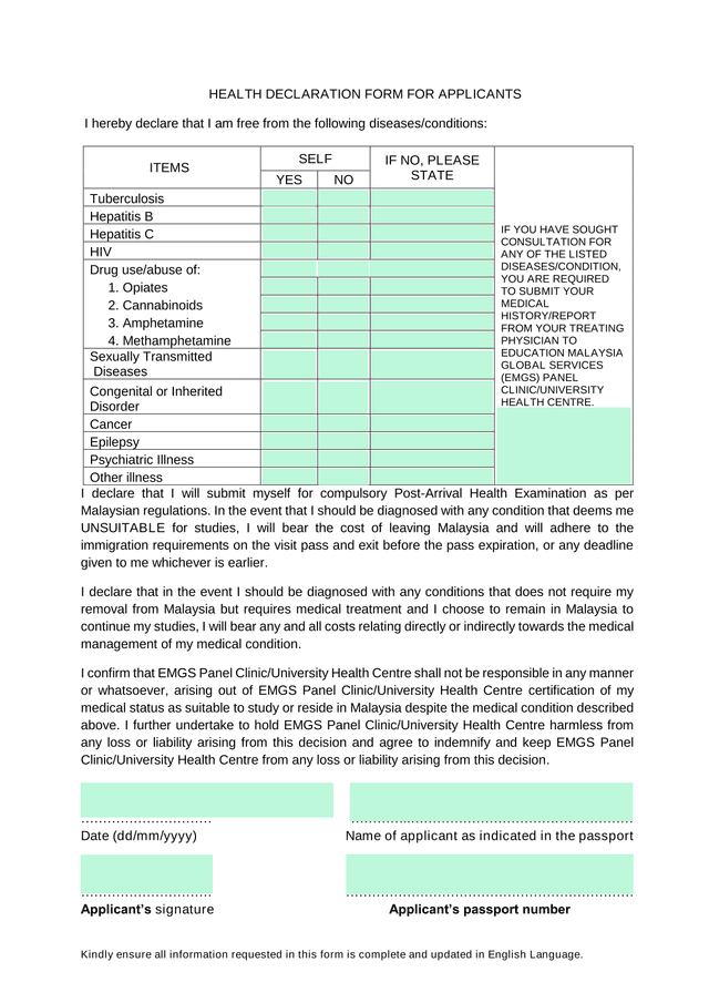 Health Declaration Form For Applicants screenshot