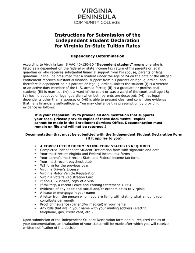 Independent Student Declaration For Virginia In State Tuition Rates Dependency Determination screenshot