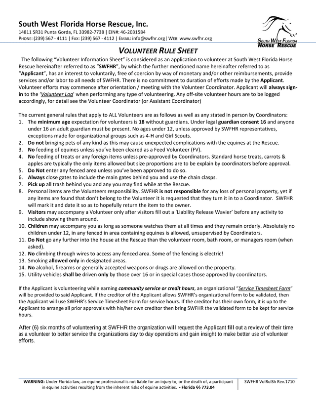 South West Florida Horse Rescue Volunteer Rule Sheet screenshot