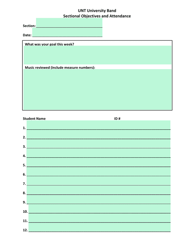 UNT University Band Sectional Objectives And Attendance screenshot