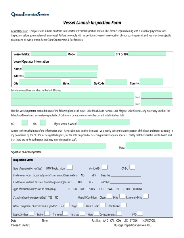 Vessel Launch Inspection Form screenshot