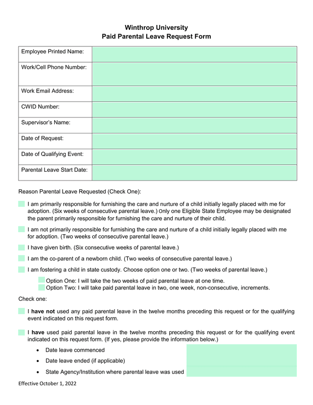 Paid Parental Leave Request Form screenshot