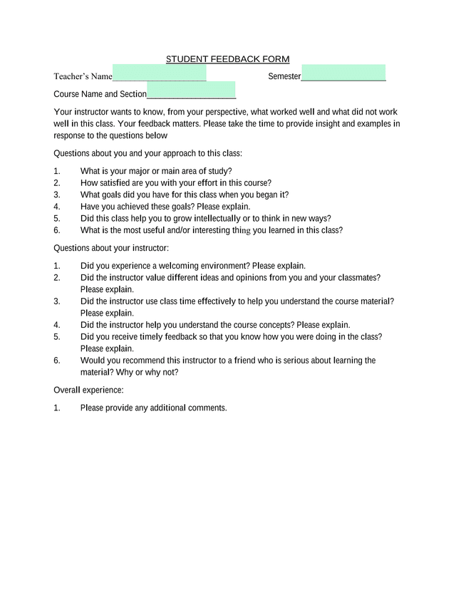 Student Feedback Form screenshot