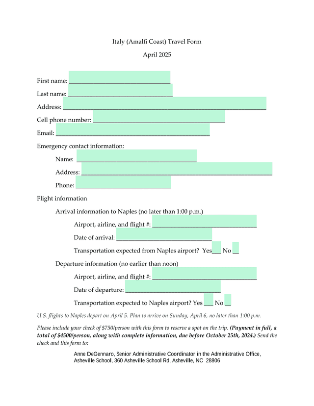 Italy (Amalfi Coast) Travel Form screenshot