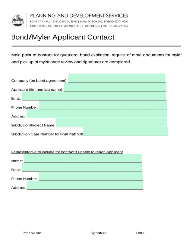 BondMylar Applicant Contact screenshot