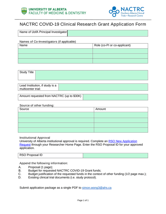 NACTRC COVID 19 Clinical Research Grant Application Form screenshot