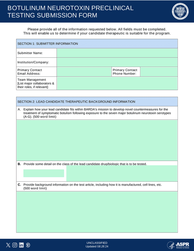 Botulinum Neurotoxin Preclinical Testing Submission Form screenshot