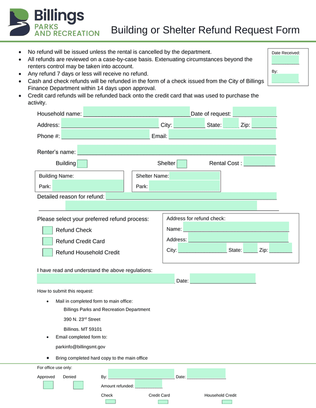 Building Or Shelter Refund Request Form screenshot