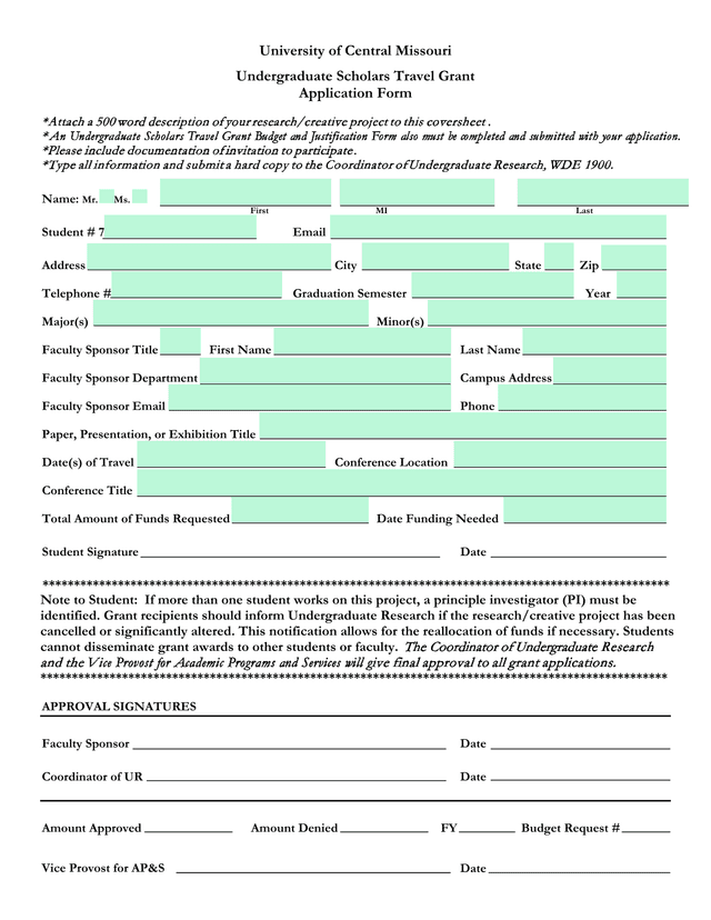 University Of Central Missouri Undergraduate Scholars Travel Grant Application Form screenshot