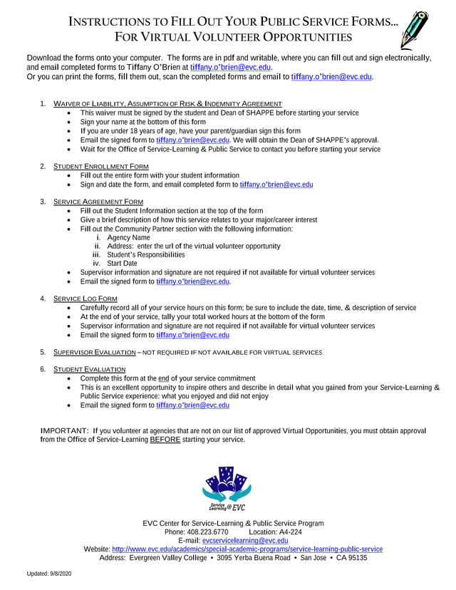 INSTRUCTIONS TO FILL OUT YOUR PUBLIC SERVICE FORMS FOR VIRTUAL VOLUNTEER OPPORTUNITIES screenshot