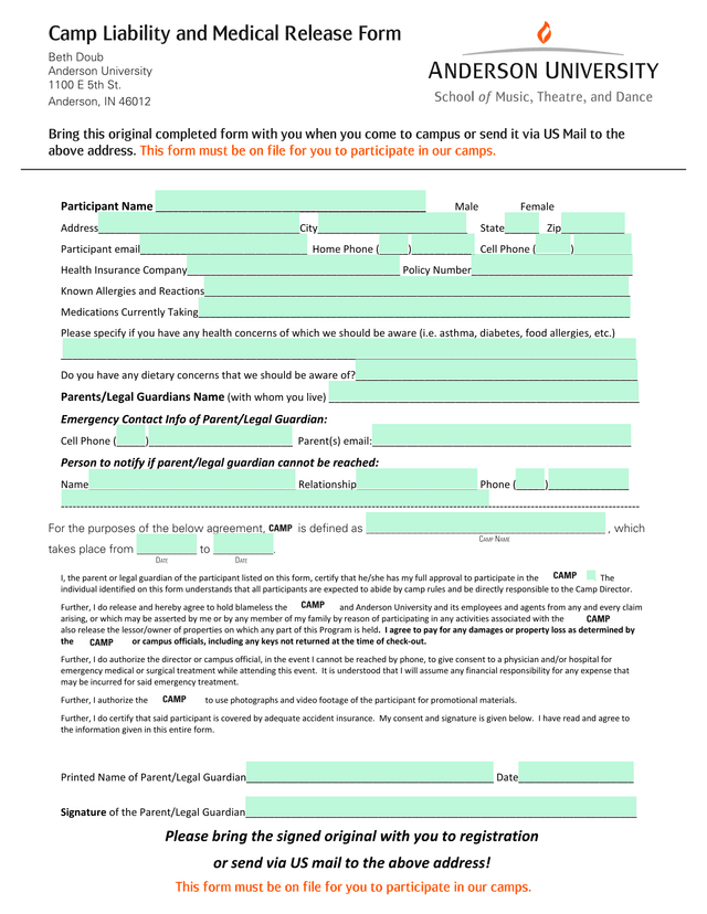 AU STRING CAMP  Liability  Medical Release Form screenshot