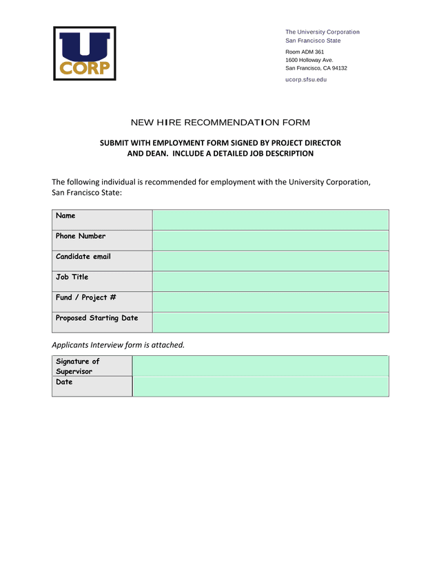 NEW HIRE RECOMMENDATION FORM screenshot