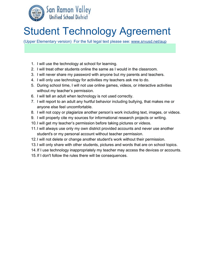 Student Technology Agreement (Upper Elementary Version) screenshot
