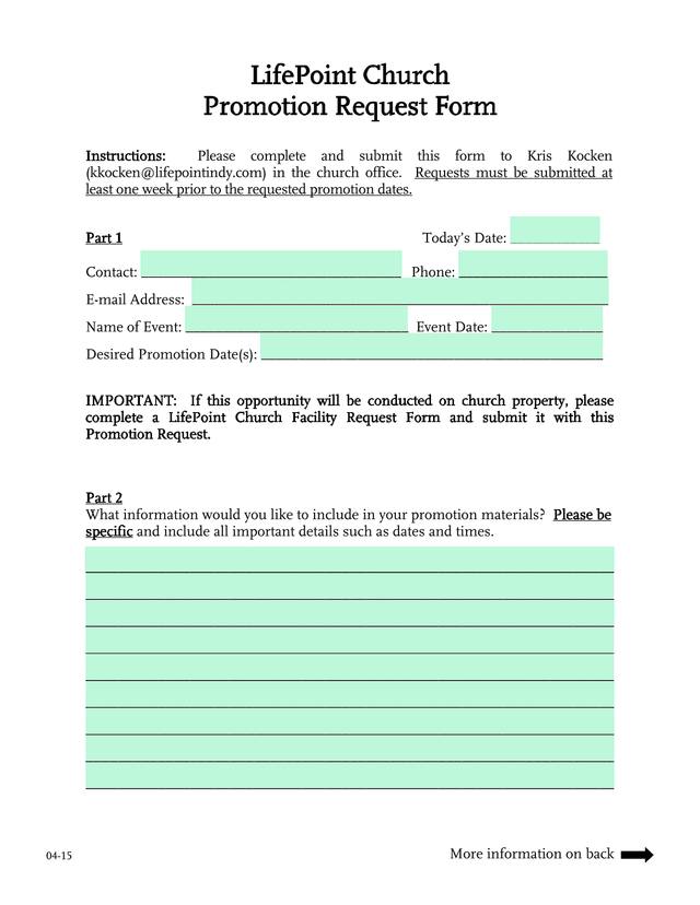 LifePoint Church Promotion Request Form screenshot