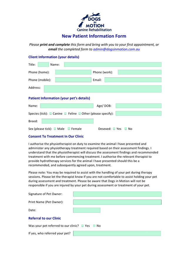 New Patient Information Form screenshot